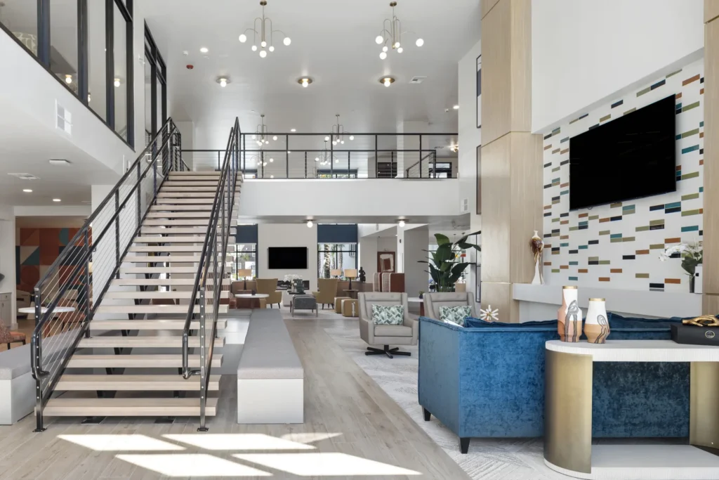A view of the open staircase in a common area at The Aston at Uptown.