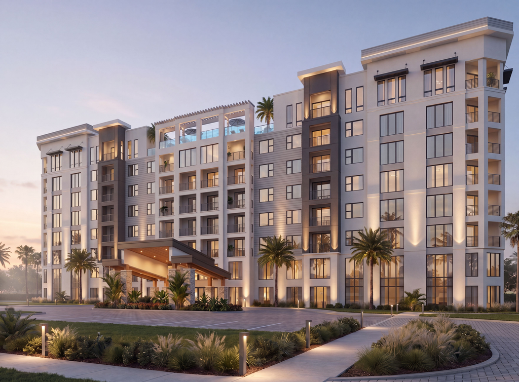 Architectural rendering showing multifamily building during early morning with sunlight and morning dew. Showcasing lighting features on the building with a rooftop pool and palm trees 