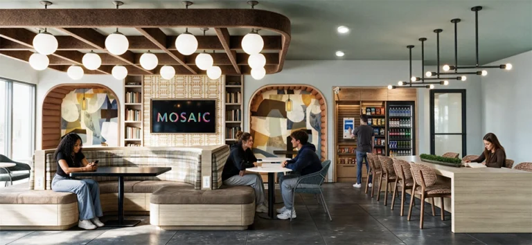 Interior cafe rendering with woodtones and large tile floor and industrial lighting
