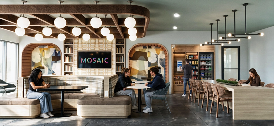Interior cafe rendering with woodtones and large tile floor and industrial lighting