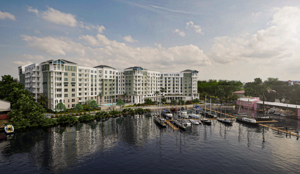 Architectural rendering of a multifamily apartment building nestled between the bayou and walking promenade with glistening water, boats on a dock and calm skies