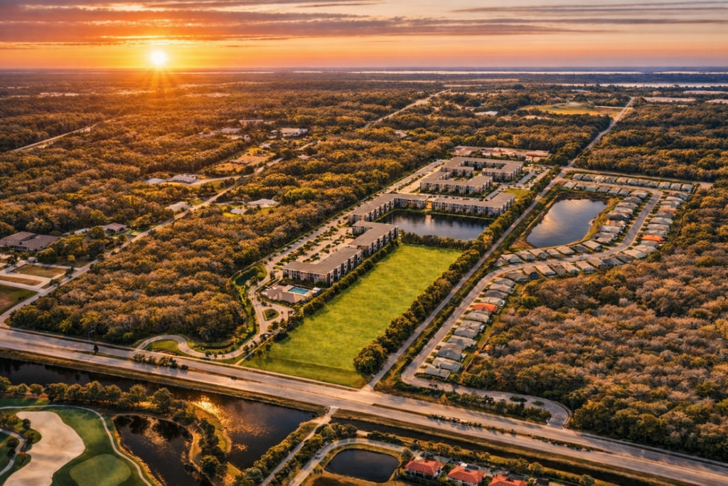 Birdseye view overlooking the sunset on the horizon with lush trees and a multifamily development with retention ponds placed on the projected parcel showing how this project fits within the already established community.