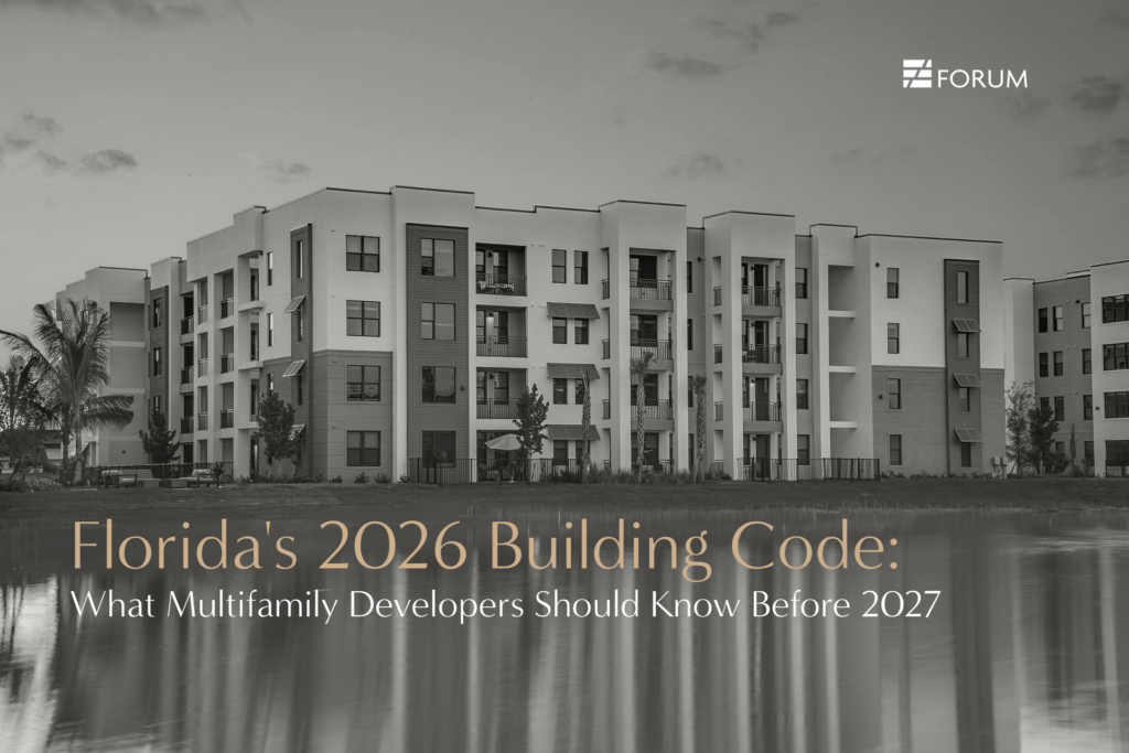 Greyscale photo of a multifamily building next to a retaining pond. 2026 Florida Building Code changes